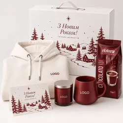 Новорічний корпоративний набір COZY MOMENTS у біло-бордовій гамі з брендованим худі