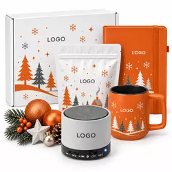 Корпоративный новогодний набор с блокнотом, кружкой, Bluetooth-колонкой и чаем оранжевый