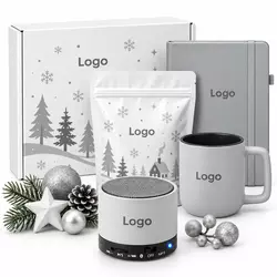 Корпоративный новогодний набор с блокнотом, кружкой, Bluetooth-колонкой и чаем