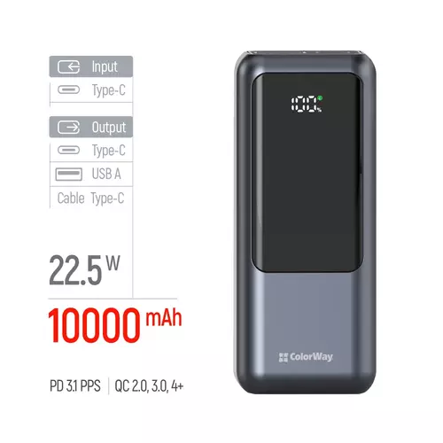 Повербанк 10 000 mAh із LED-дисплеєм та кабелем (USB-C + USB-A) (USB QC4.0 + USB-C PD22.5W) 4