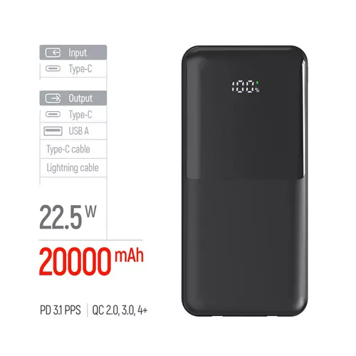 Повербанк 20 000 mAh із вбудованим кабелем (USB-C + Lightning) (USB QC4.0 + USB-C PD22.5W) 3