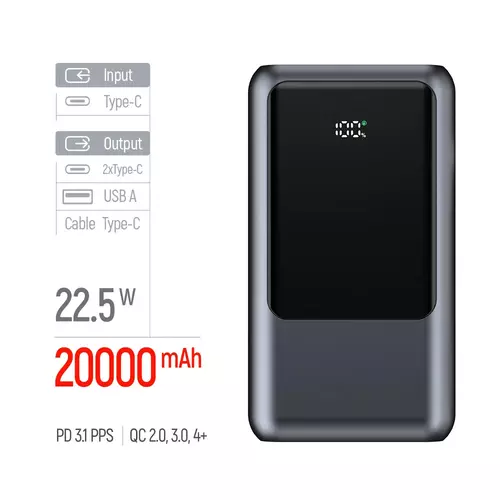 Повербанк 20 000 mAh із LED-дисплеєм та кабелем (Х2 USB-C + USB-A) (USB QC4.0 + USB-C PD22.5W) 4