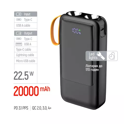 Повербанк 20 000 mAh із LED-ліхтариком та вбудованим кабелем (USB-C + USB-A + Lightning + Micro USB) (USB QC4.0 + USB-C PD22.5W) 4