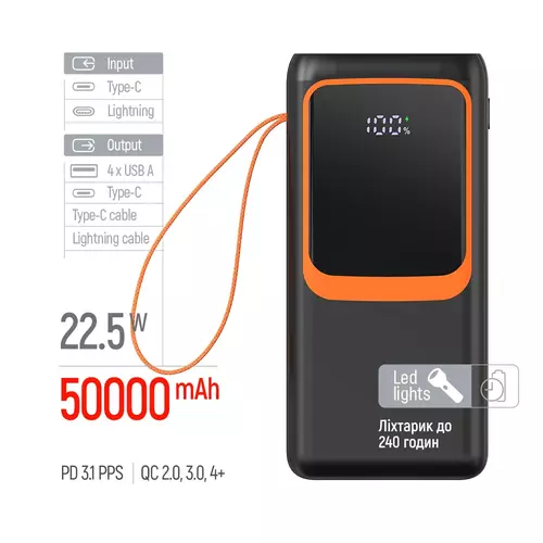 Повербанк ULTRA 50 000 mAh із LED-дисплеєм, вбудованим ліхтариком та кабелем (USB QC4.0 + USB-C PD22.5W) 5